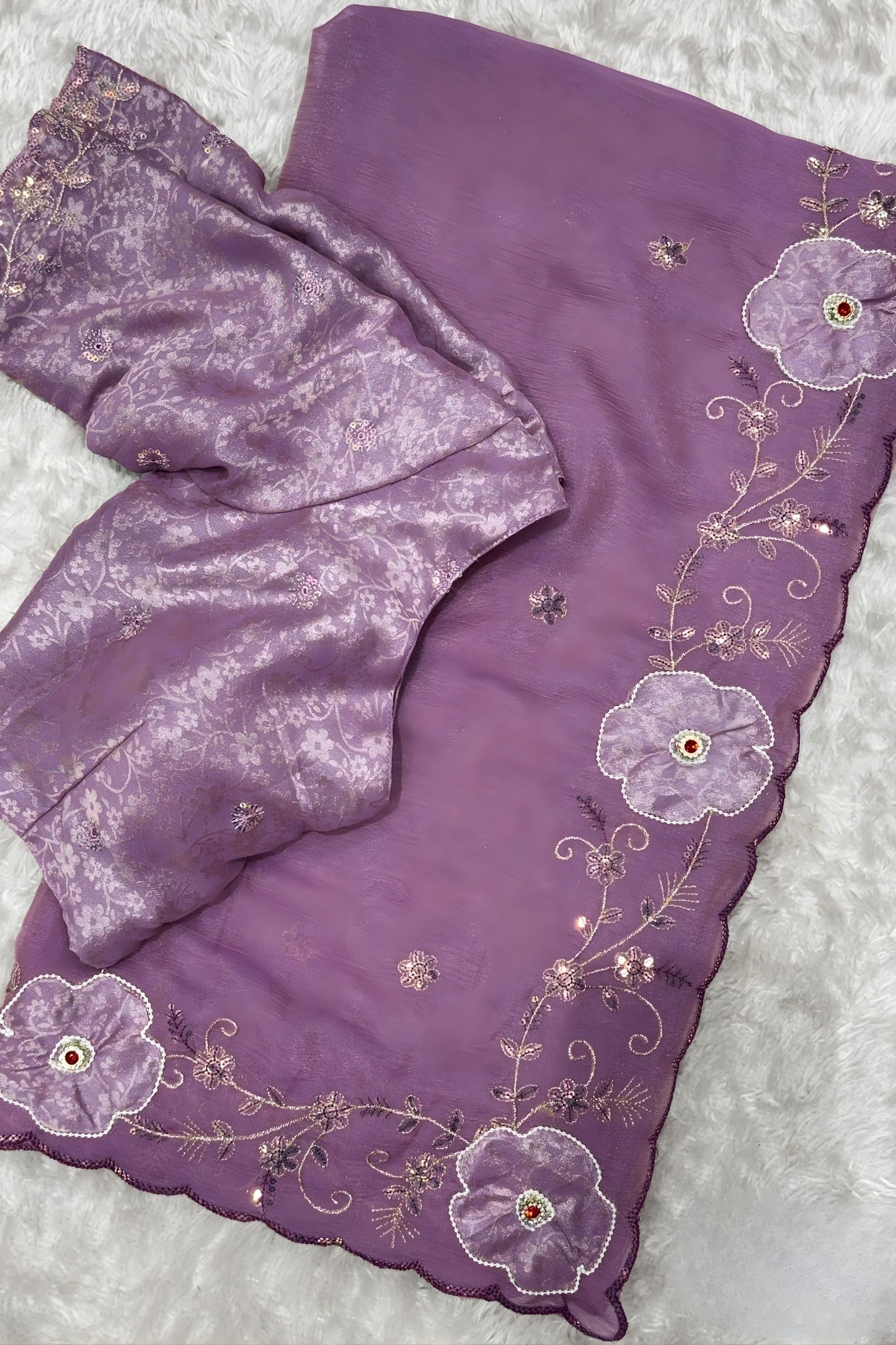 Lavender Organza Saree with Floral Embroidery Designer Blouse