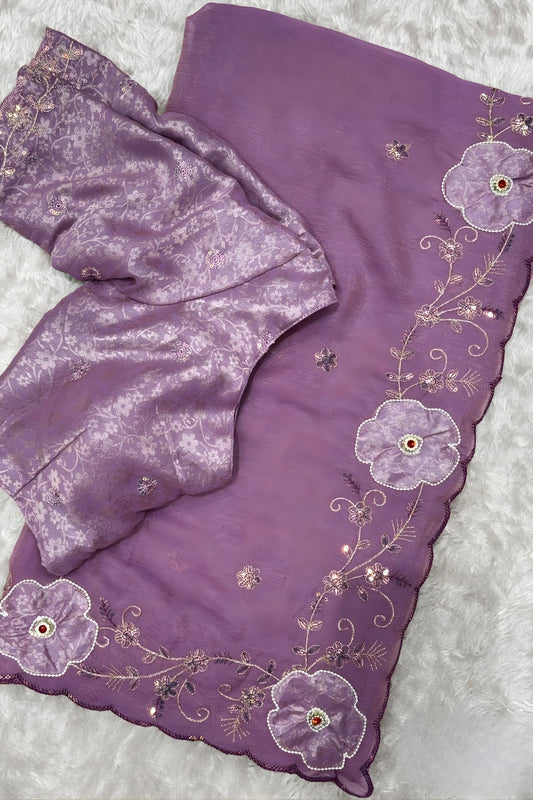 Lavender Organza Saree with Floral Embroidery Designer Blouse