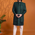 Luxury  Dark Green Indo Western Sherwani for Men Designer Jacquard Jacket 