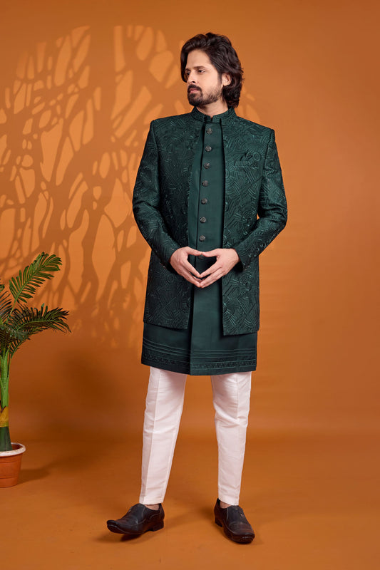 Luxury  Dark Green Indo Western Sherwani for Men Designer Jacquard Jacket 