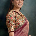 Dusty Rose Organza Silk Saree with Gold Border Designer Printed Blouse