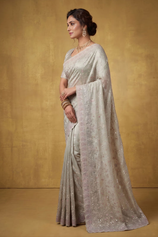 Silver Grey Organza Silk Saree Floral Embroidery and Designer Border
