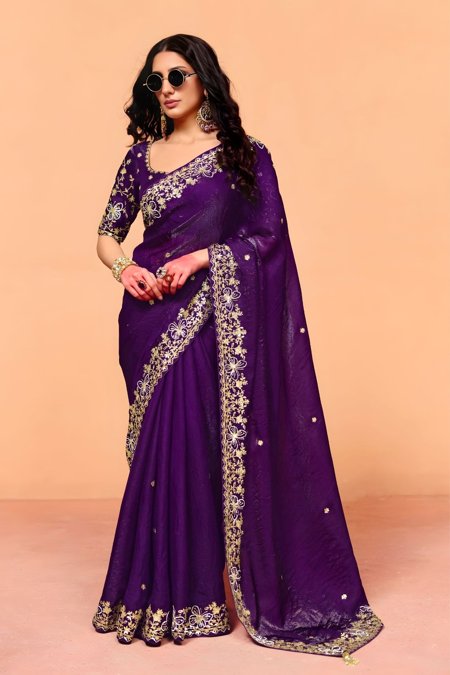Purple Designer Saree Heavy Embroidered Border Saree