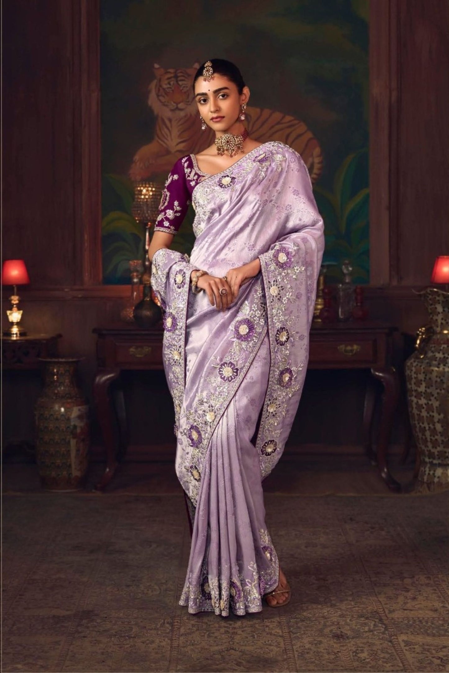 Lavender Silk Saree and Contrasting Wine Blouse