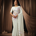 White Floral Embroidered Organza Saree with Designer Blouse