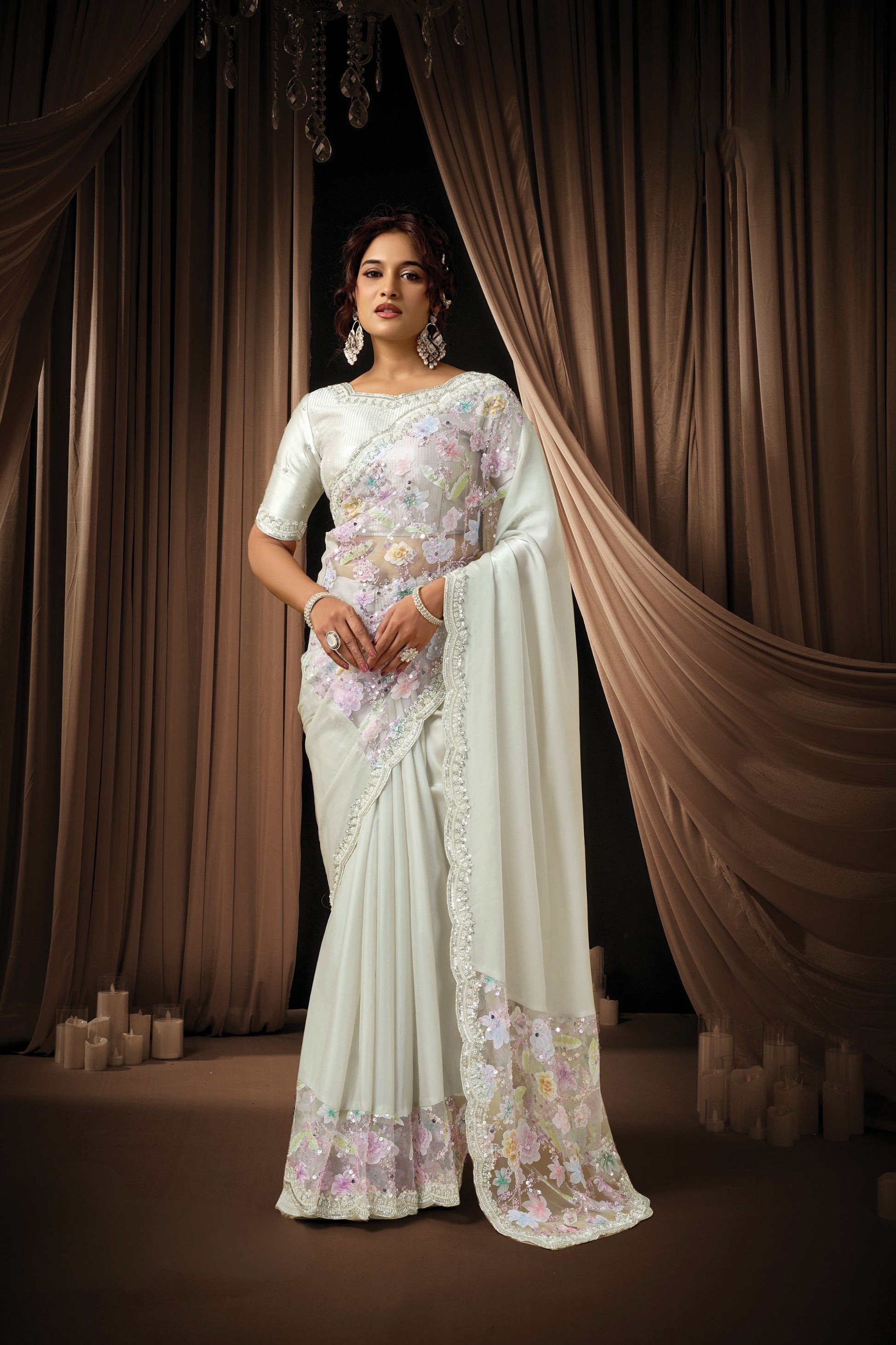 White Floral Embroidered Organza Saree with Designer Blouse