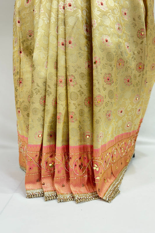 Pastel Green Banarasi Silk Saree with Peach-Pink Embroidered Pallu