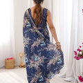 Navy Blue Floral Digital Printed Linen Saree with Designer Lace Border
