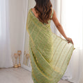 Pista Green Organza Silk Saree Golden Zari Embroidery Designer Blouse