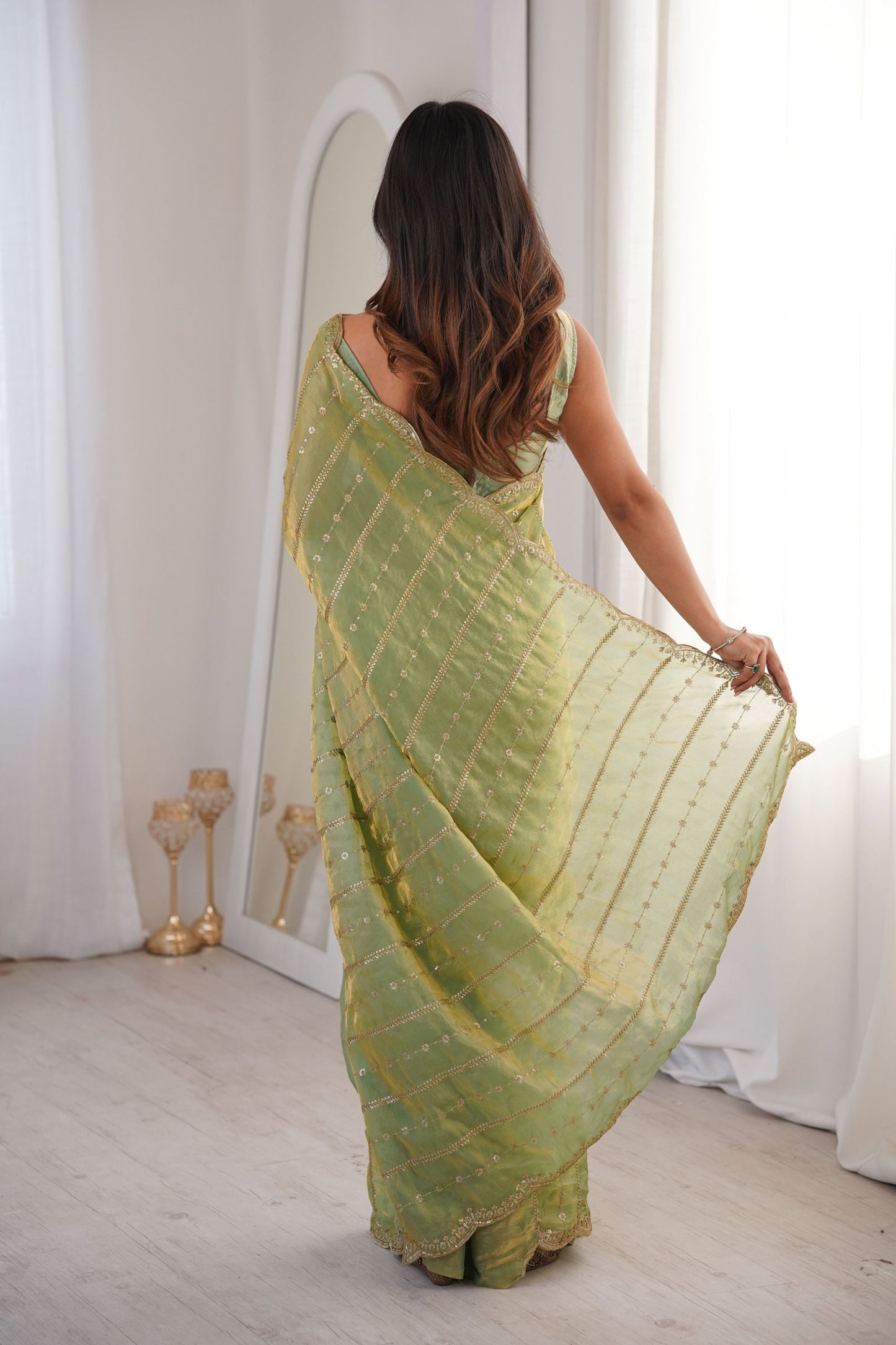 Pista Green Organza Silk Saree Golden Zari Embroidery Designer Blouse