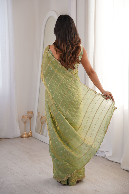 Pista Green Organza Silk Saree Golden Zari Embroidery Designer Blouse