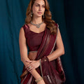 Maroon Satin Silk Saree with Metallic Zari Designer Party Wear