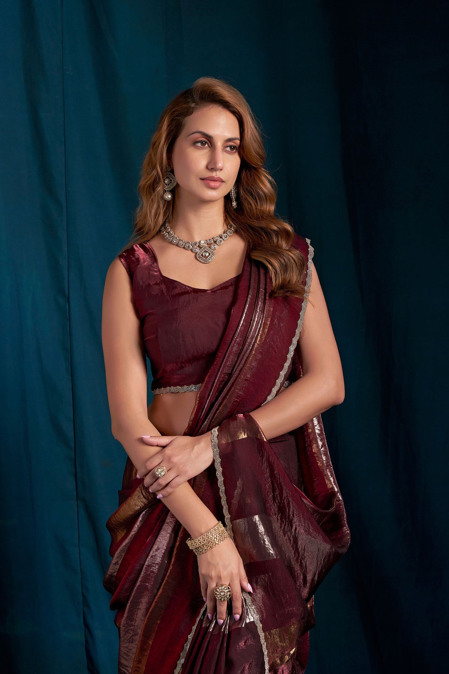 Maroon Satin Silk Saree with Metallic Zari Designer Party Wear