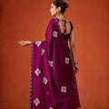 Wine Purple Embroidered Georgette Saree Floral Motifs Designer Border