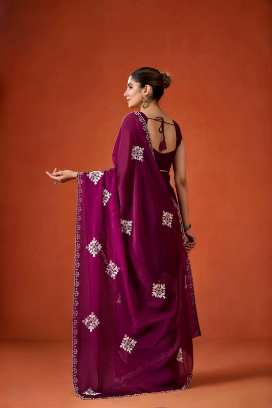 Wine Purple Embroidered Georgette Saree Floral Motifs Designer Border