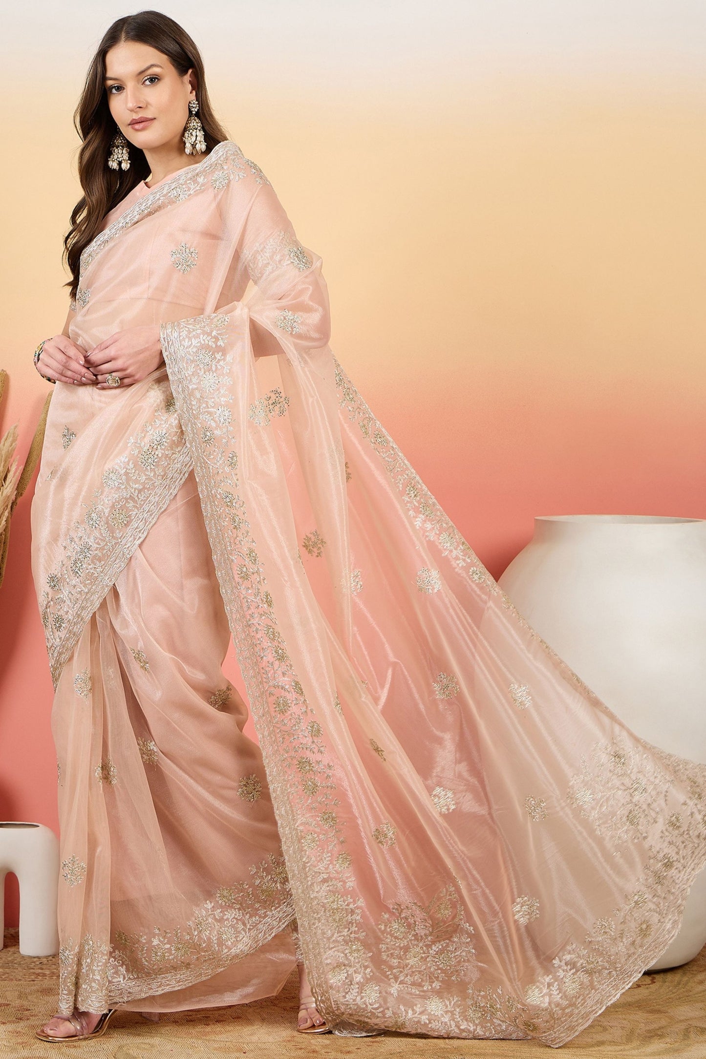 Peach Embroidered Net Saree with Designer Border Party Wear Saree