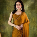 Mustard Gold Organza Silk Saree Designer Party Wear Saree