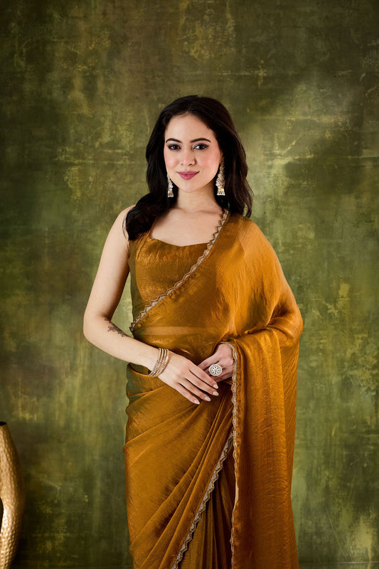 Mustard Gold Organza Silk Saree Designer Party Wear Saree
