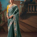 Teal Green Designer Saree with Floral Embroidery Mustard Yellow Blouse