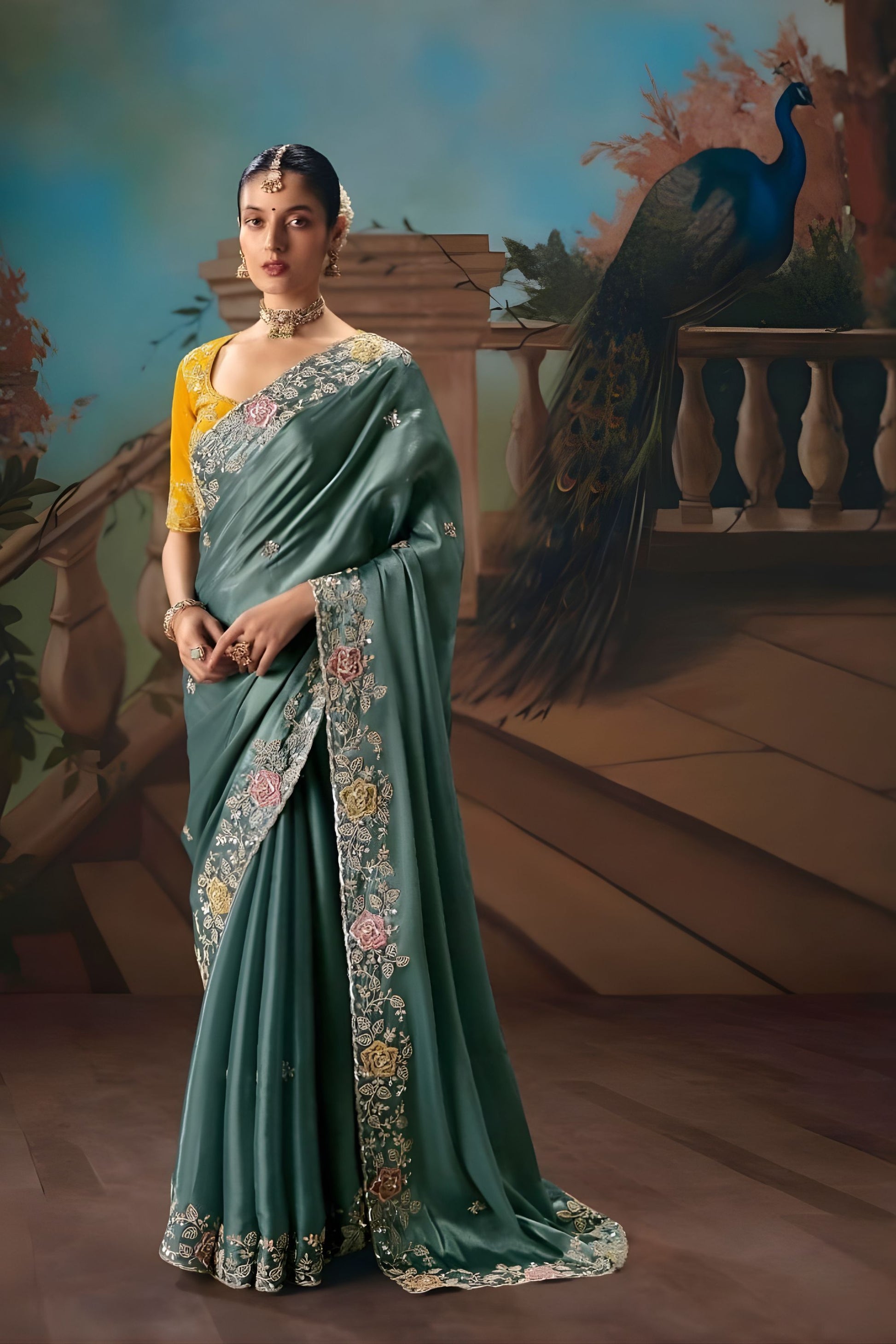 Teal Green Designer Saree with Floral Embroidery Mustard Yellow Blouse