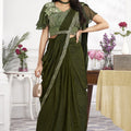 Olive Green Designer Saree with Sequins Embroidered Blouse