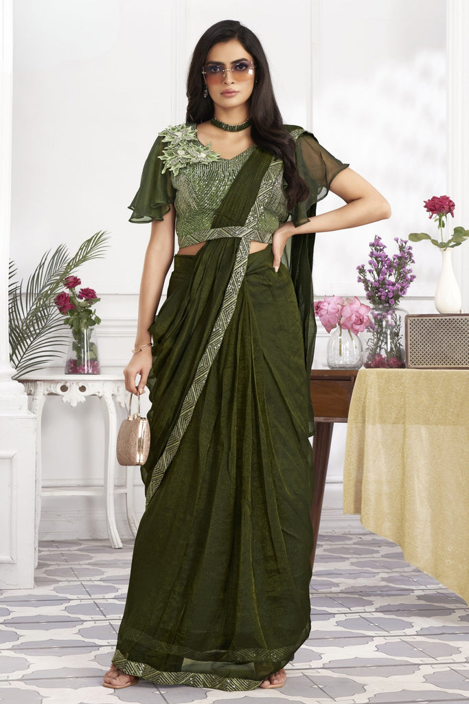 Olive Green Designer Saree with Sequins Embroidered Blouse