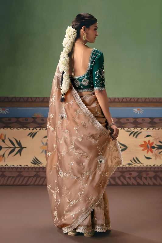 Champagne Brown Organza Silk Saree with Silver Embroidery Border