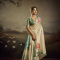 Cream Linen Silk Saree Mint Green Floral Digital Print Designer Tassel Pallu
