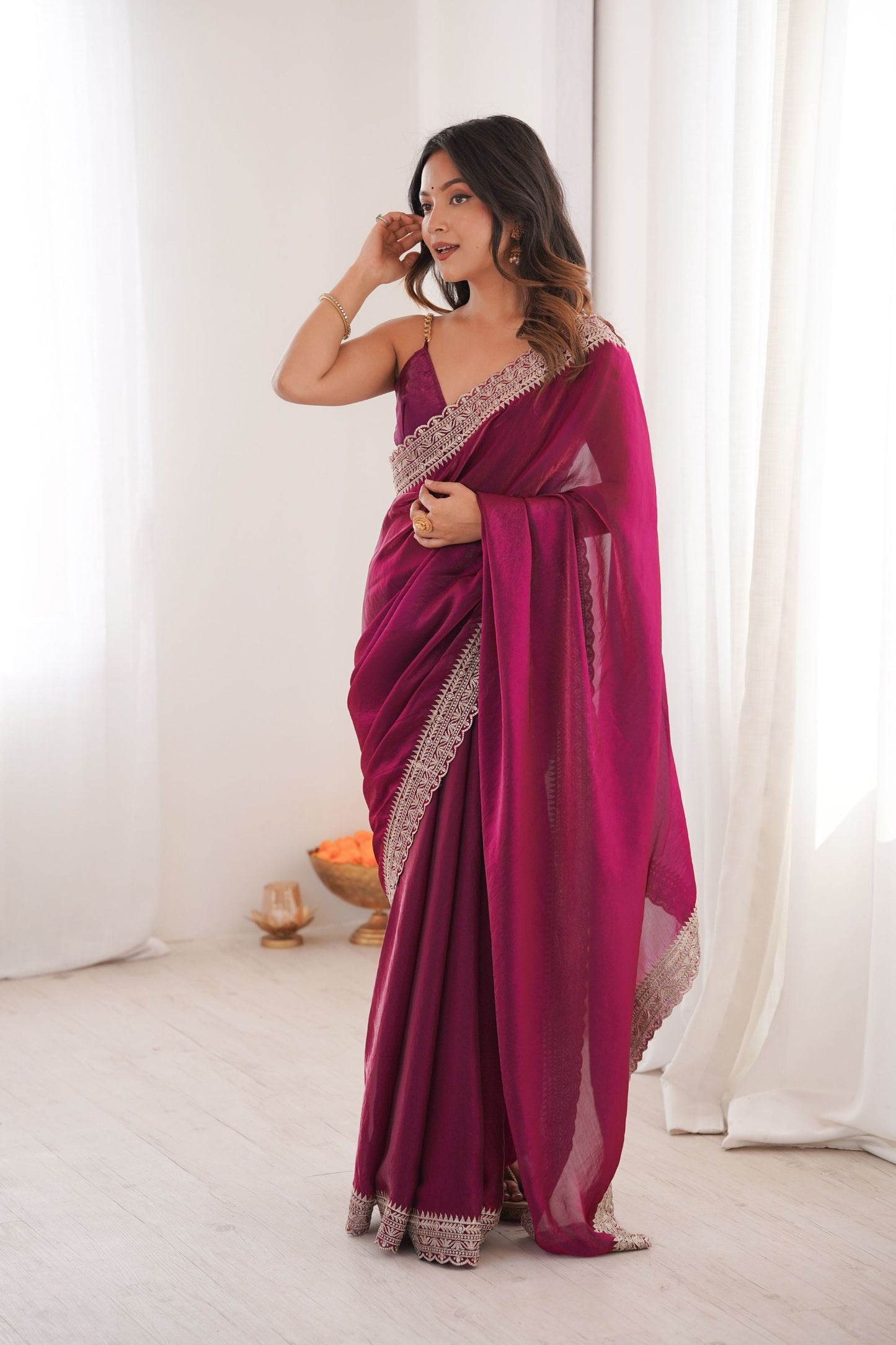 Luxury Magenta Pink Organza Saree Designer Embroidered Border