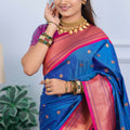 Royal Blue Kanjivaram Silk Saree with Pink Border Gold Zari Butti Work