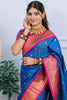 Royal Blue Kanjivaram Silk Saree with Pink Border Gold Zari Butti Work