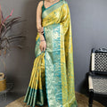 Mustard Yellow Teal Blue Kanjivaram Silk Saree Rich Zari Woven Border
