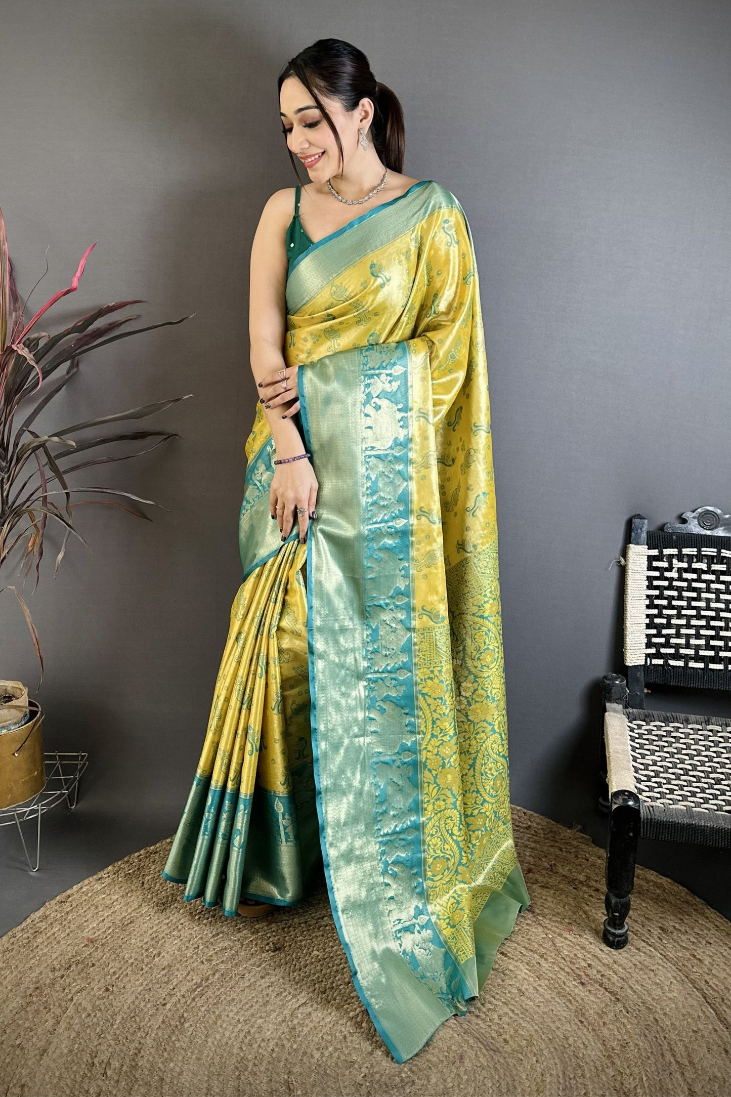 Mustard Yellow Teal Blue Kanjivaram Silk Saree Rich Zari Woven Border