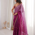 Magenta Organza Saree Golden Butti Work Embroidered Border