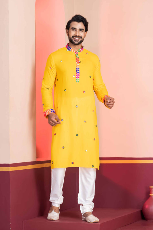Yellow Rayon Kurta with Multicolor Mirror Work and Printed Collar For Navratri