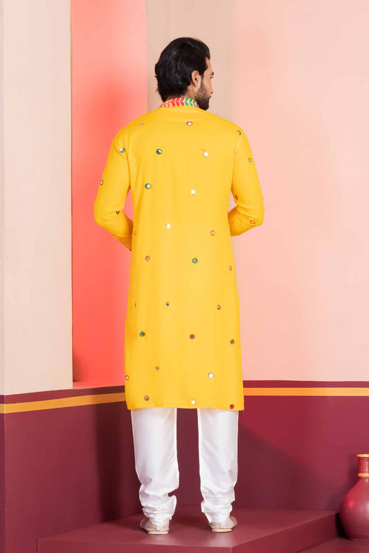 Yellow Rayon Kurta with Multicolor Mirror Work and Printed Collar For Navratri