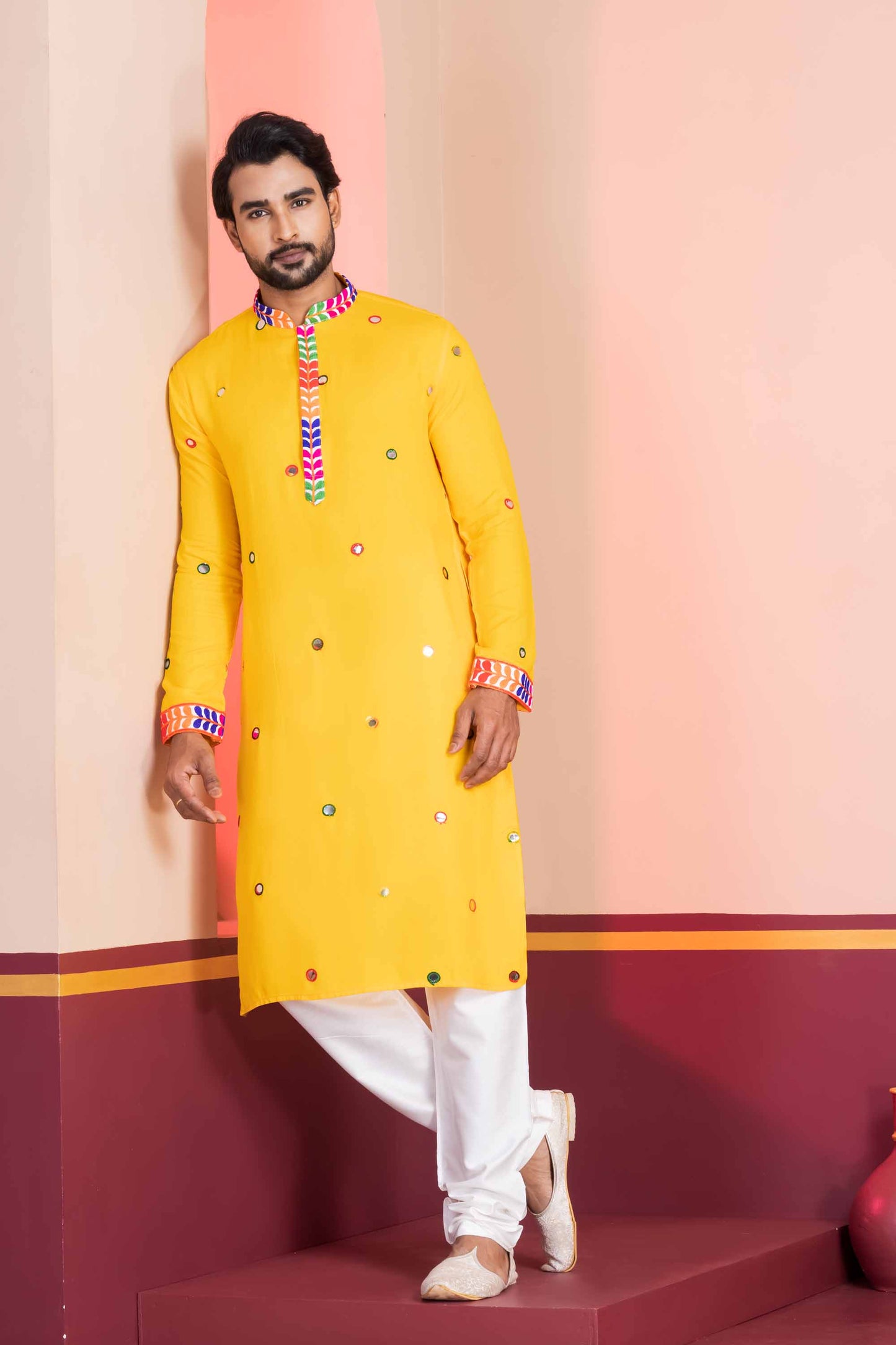 Yellow Rayon Kurta with Multicolor Mirror Work and Printed Collar For Navratri