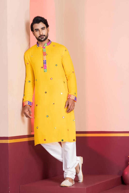 Yellow Rayon Kurta with Multicolor Mirror Work and Printed Collar For Navratri