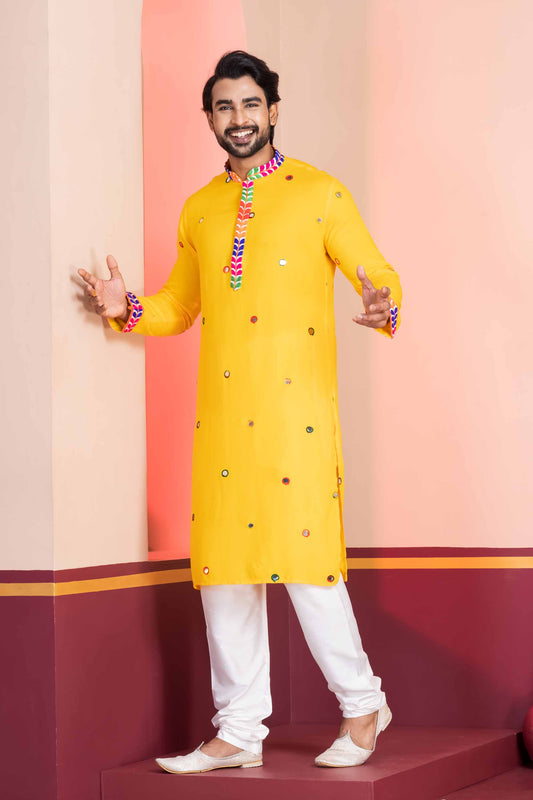 Yellow Rayon Kurta with Multicolor Mirror Work and Printed Collar For Navratri