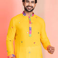 Yellow Rayon Kurta with Multicolor Mirror Work and Printed Collar For Navratri