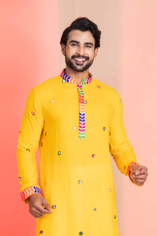 Yellow Rayon Kurta with Multicolor Mirror Work and Printed Collar For Navratri