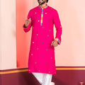 Rani Pink Rayon Kurta with Multicolor Mirror Work and Printed Collar For Navratri