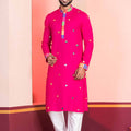 Rani Pink Rayon Kurta with Multicolor Mirror Work and Printed Collar For Navratri