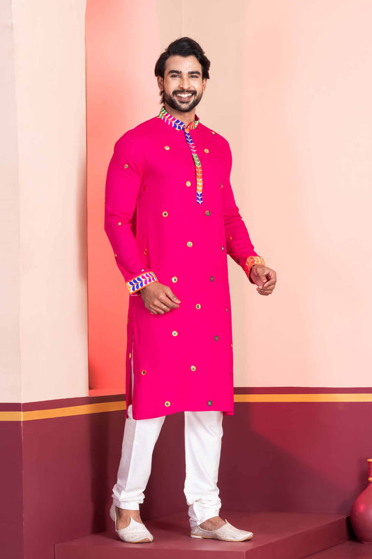 Rani Pink Rayon Kurta with Multicolor Mirror Work and Printed Collar For Navratri