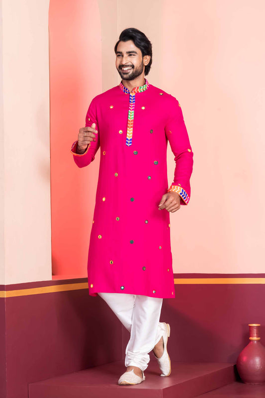 Rani Pink Rayon Kurta with Multicolor Mirror Work and Printed Collar For Navratri