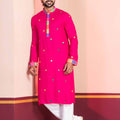 Rani Pink Rayon Kurta with Multicolor Mirror Work and Printed Collar For Navratri