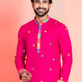 Rani Pink Rayon Kurta with Multicolor Mirror Work and Printed Collar For Navratri