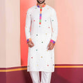 White Rayon Kurta with Multicolor Mirror Work and Printed Collar For Navratri