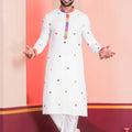 White Rayon Kurta with Multicolor Mirror Work and Printed Collar For Navratri