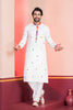 White Rayon Kurta with Multicolor Mirror Work and Printed Collar For Navratri